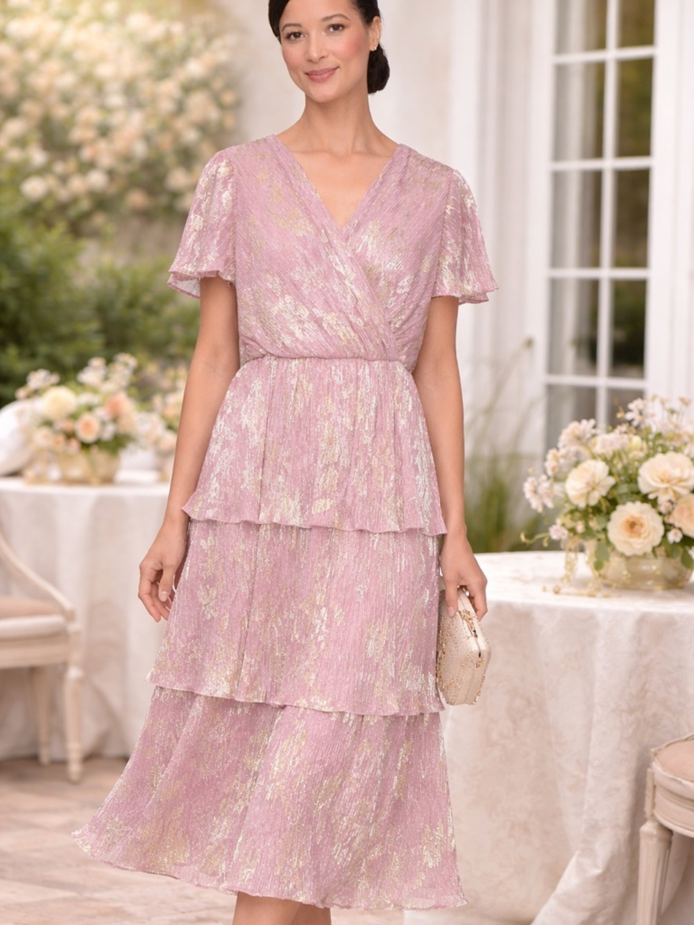 SL Fashions Foil Tiered Tea Length Dress Size 16 NWT